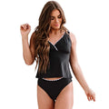 Black solid colour women's swimsuit bikini set with sleeveless design on mannequin