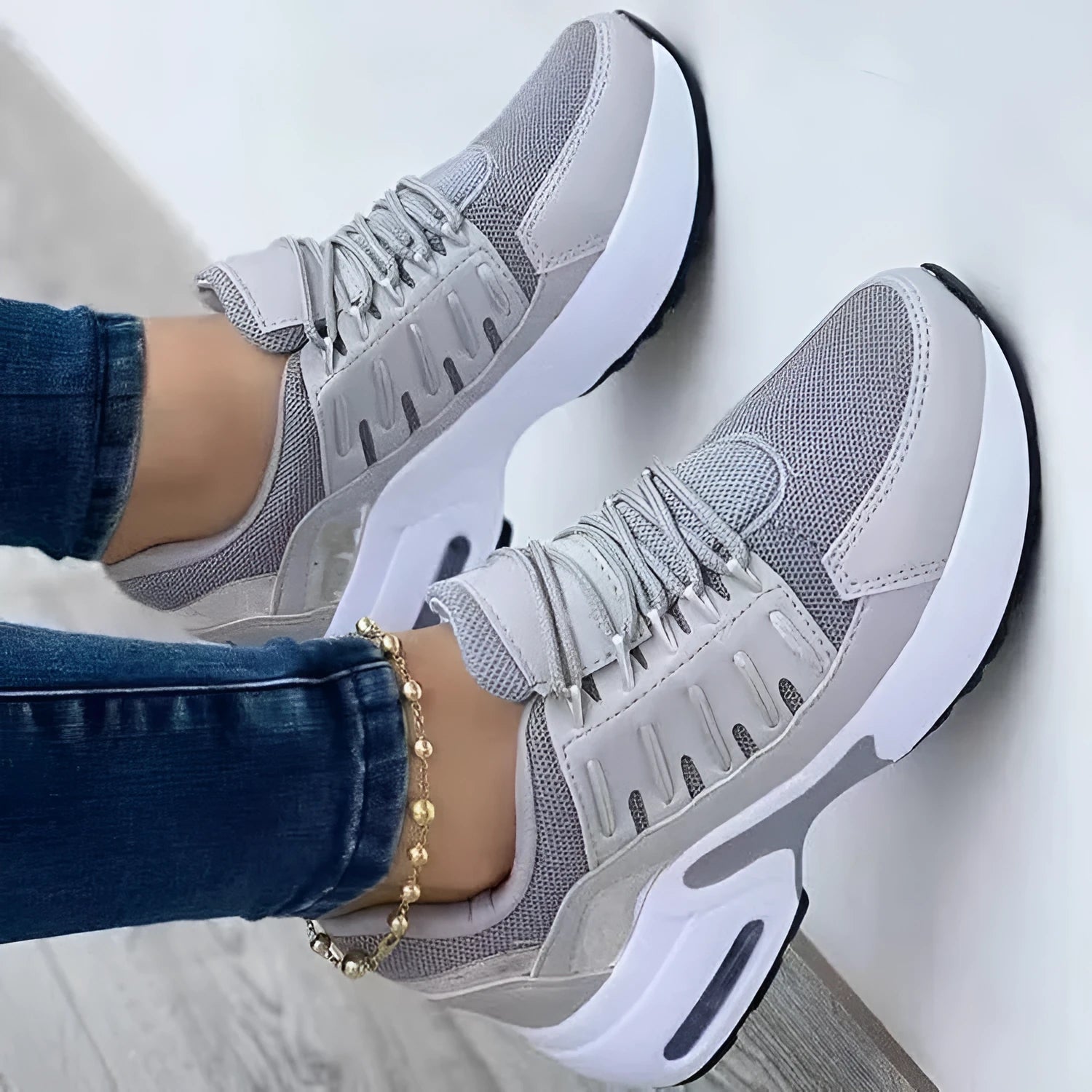 Breathable mesh lace up sneakers for women with low wedge heel, round toe, available in multiple colours