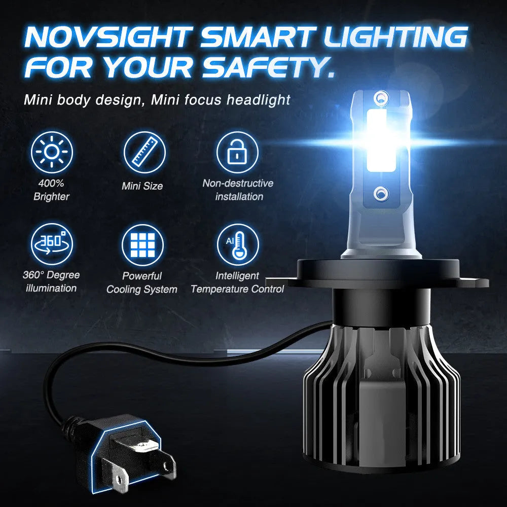 6000K white LED car headlight bulb kit showing compact size and connector for H7 H11 9005 fitments
