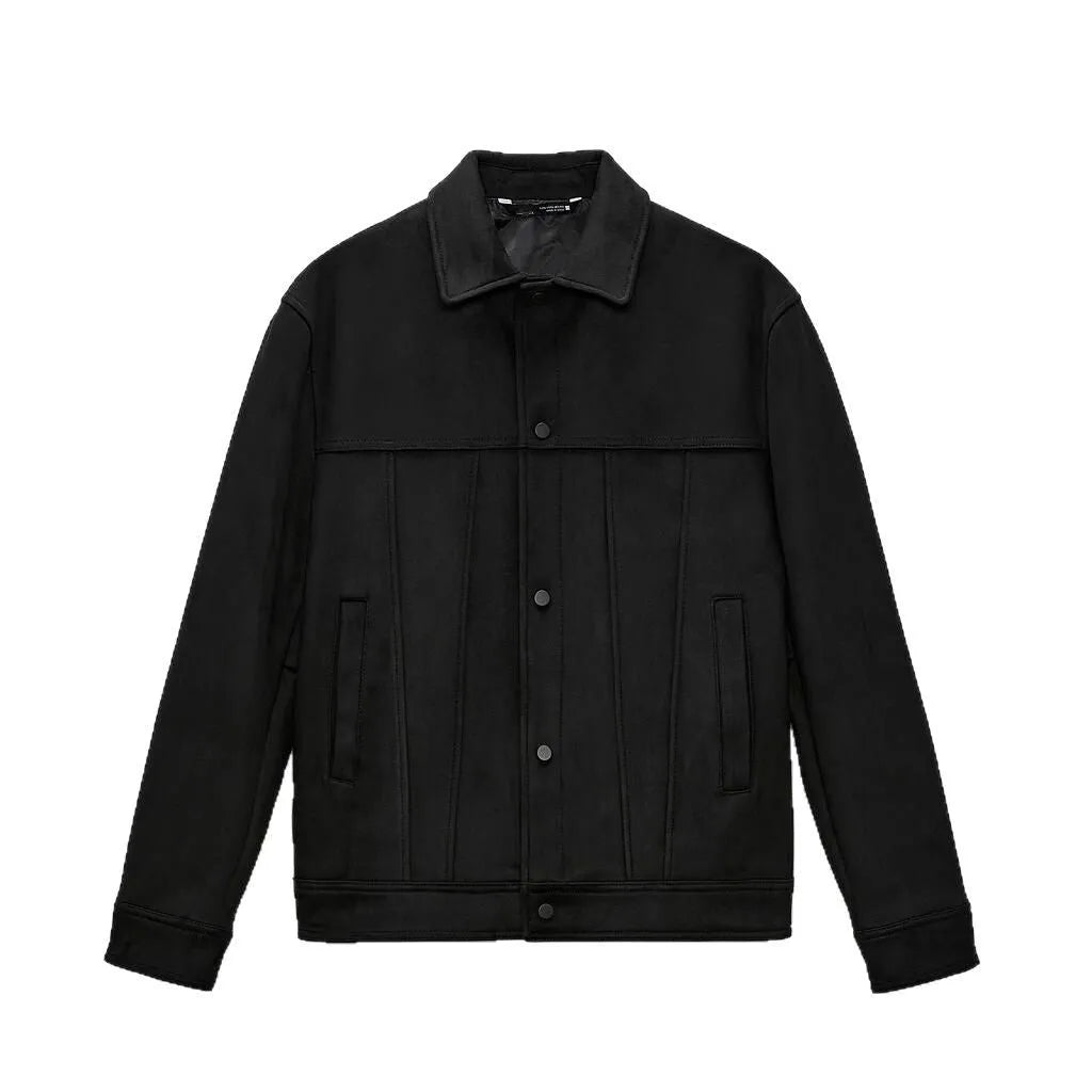 Black men's hooded jacket with suede collar, loose sleeves, and side pockets