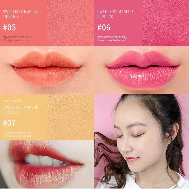 Fey Beauty non-stain matte lipstick in simple case, shades include cameo brown and milk tea colour.