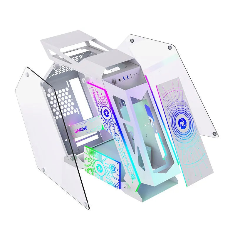 Table-type e-sports computer case metal chassis with RGB fan lighting on a desk