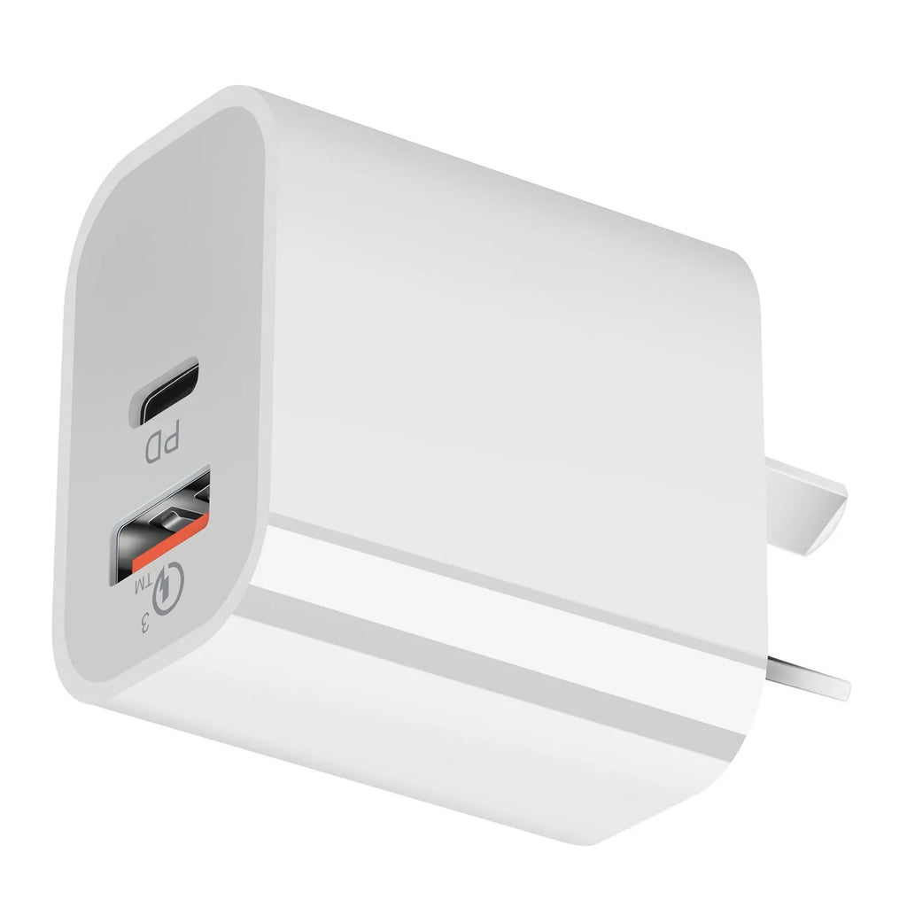 White dual port Australian standard wall charger with USB-A and USB-C ports, 63x40x22mm