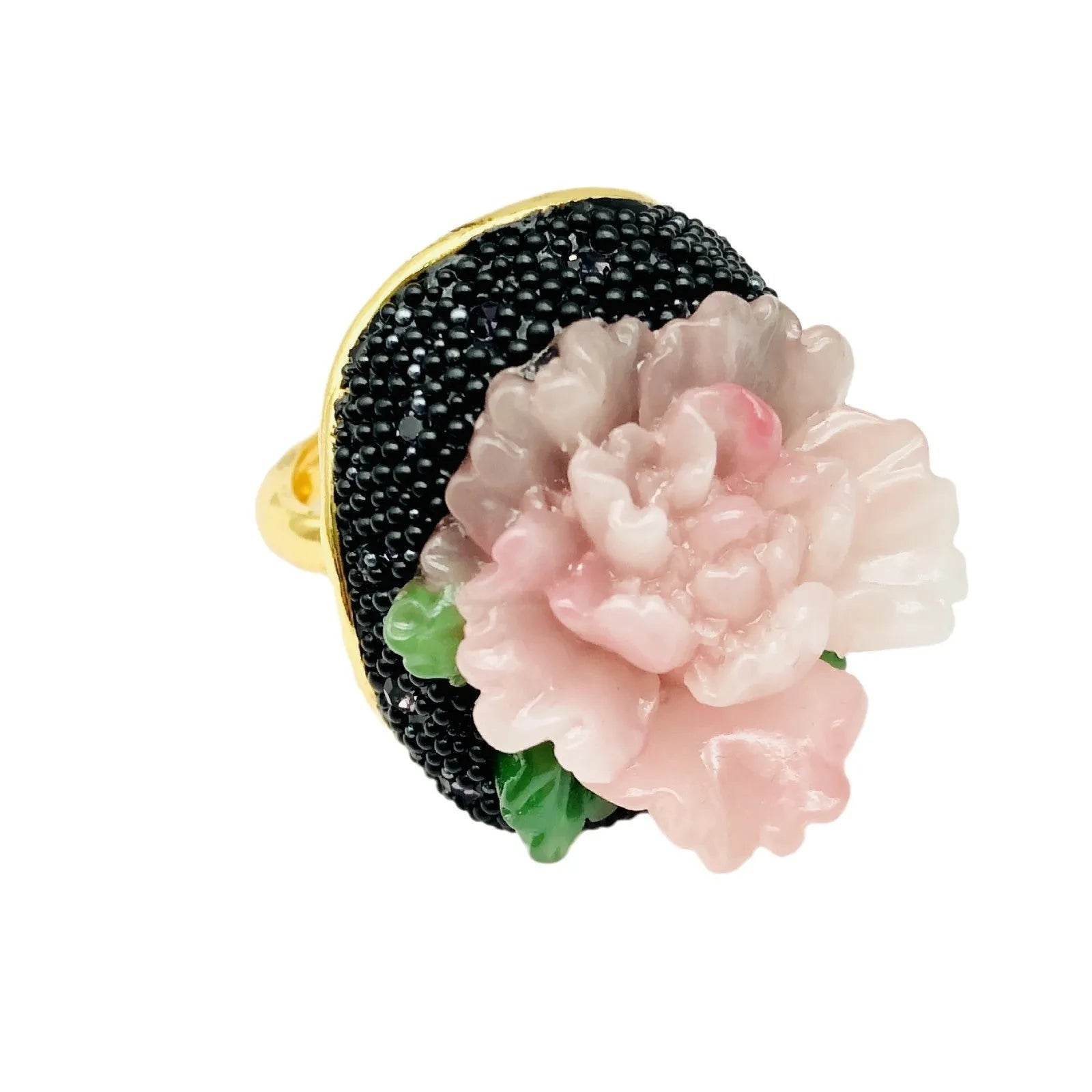 Adjustable peony flower ring for women, alloy with diamond setting, elegant style