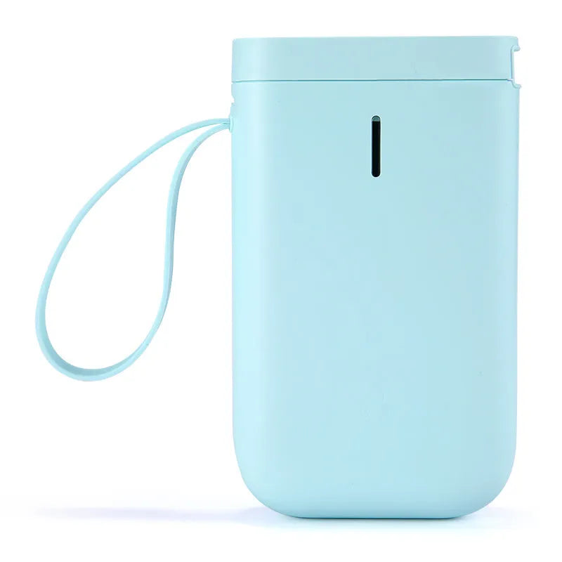 Compact D11 Bluetooth thermal label printer in black, white, pink, or green with smartphone showing label design app.