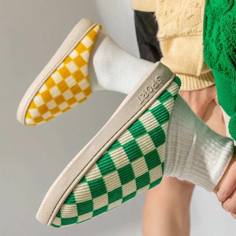 Gradient plush winter slippers for women with corduroy and arctic velvet upper, anti-skid PVC sole, round toe, flat heel, available in multiple colours