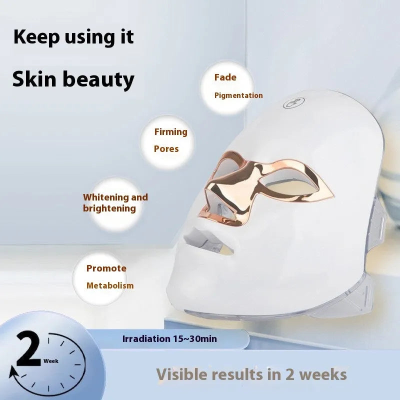 Rechargeable manual touch LED beauty mask for facial skincare in black, white, and rose gold.