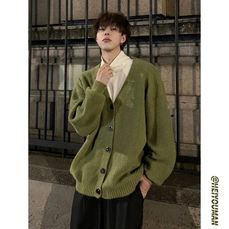 Men's V-neck cotton blend cardigan sweater in army green colour, loose fit casual style