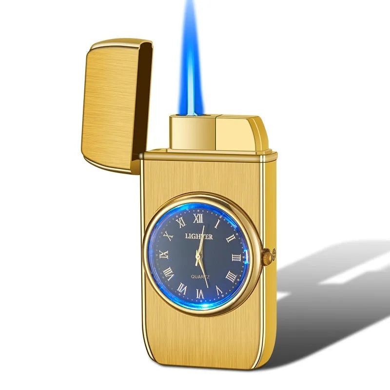 Electronic watch cigarette lighter with LED flashing lamp in metal body showing multiple colour finish options
