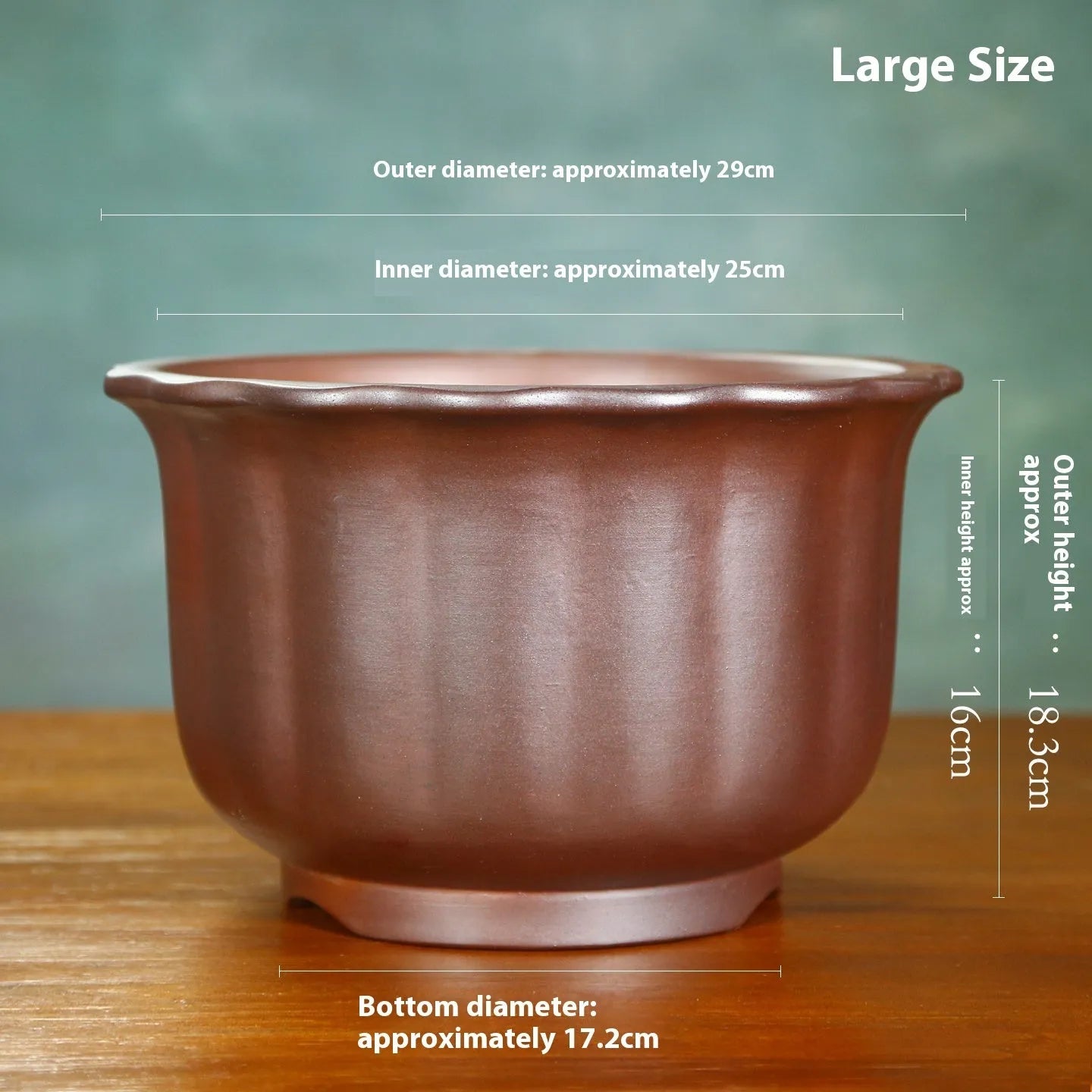 Antique carved purple sand ceramic bonsai pot with wood-burned finish in large size.