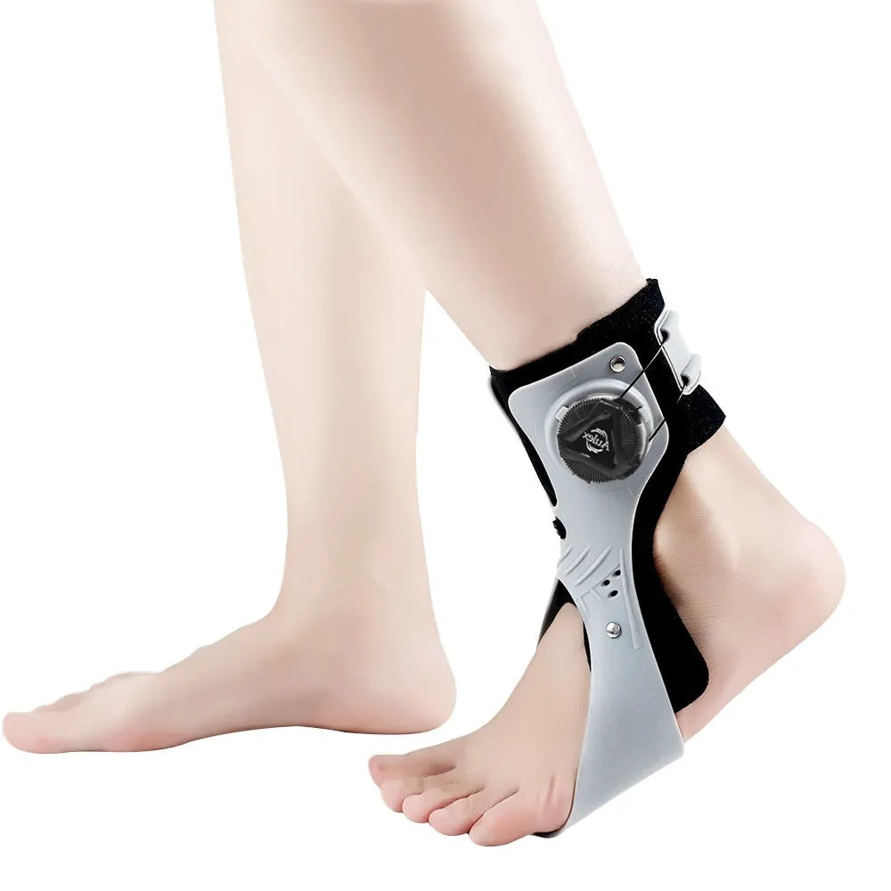 Grey and black ankle fixation brace with an airbag button, shown in left and right versions.