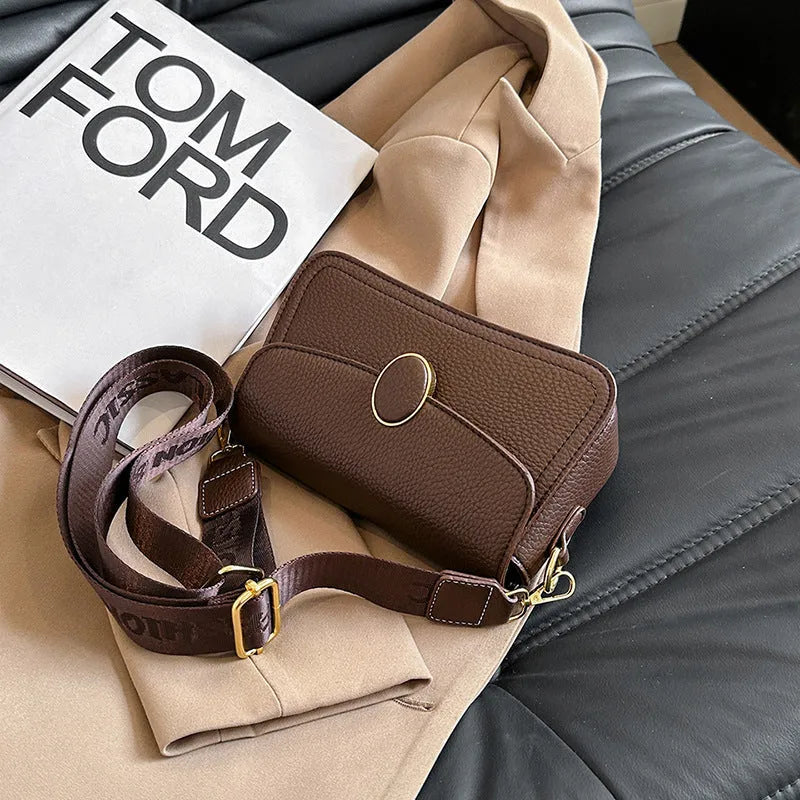 Fashion small square bag with wide shoulder strap in horizontal shape, PU material, khaki colour