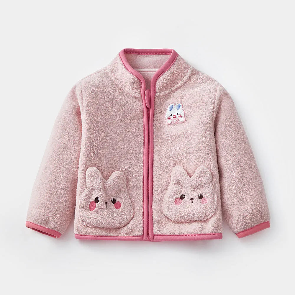 Children's fleece rabbit coat in pink with velvet outer, fur lining, and full-length zipper, suitable for autumn and winter