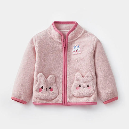 Children's fleece rabbit coat in pink with velvet outer, fur lining, and full-length zipper, suitable for autumn and winter