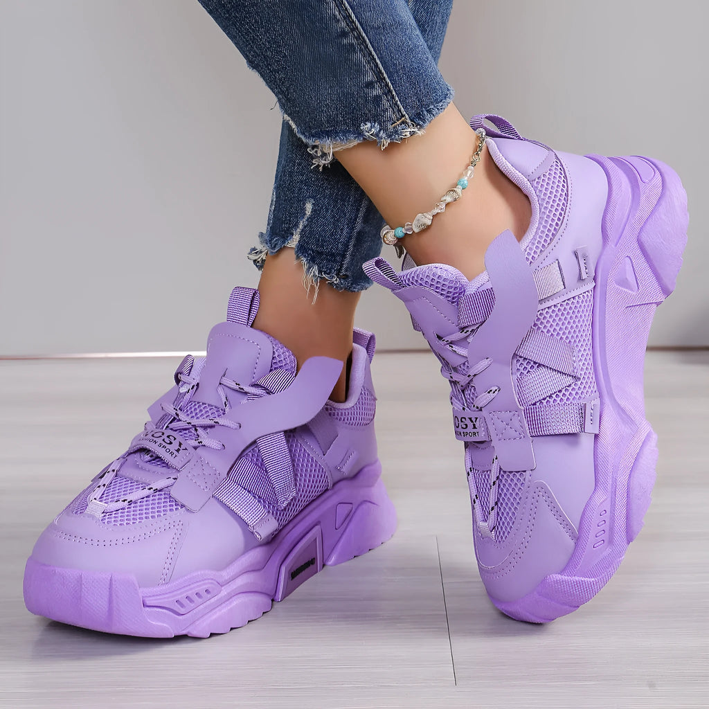 Women's purple platform mesh dad shoes with breathable upper and front lace-up design