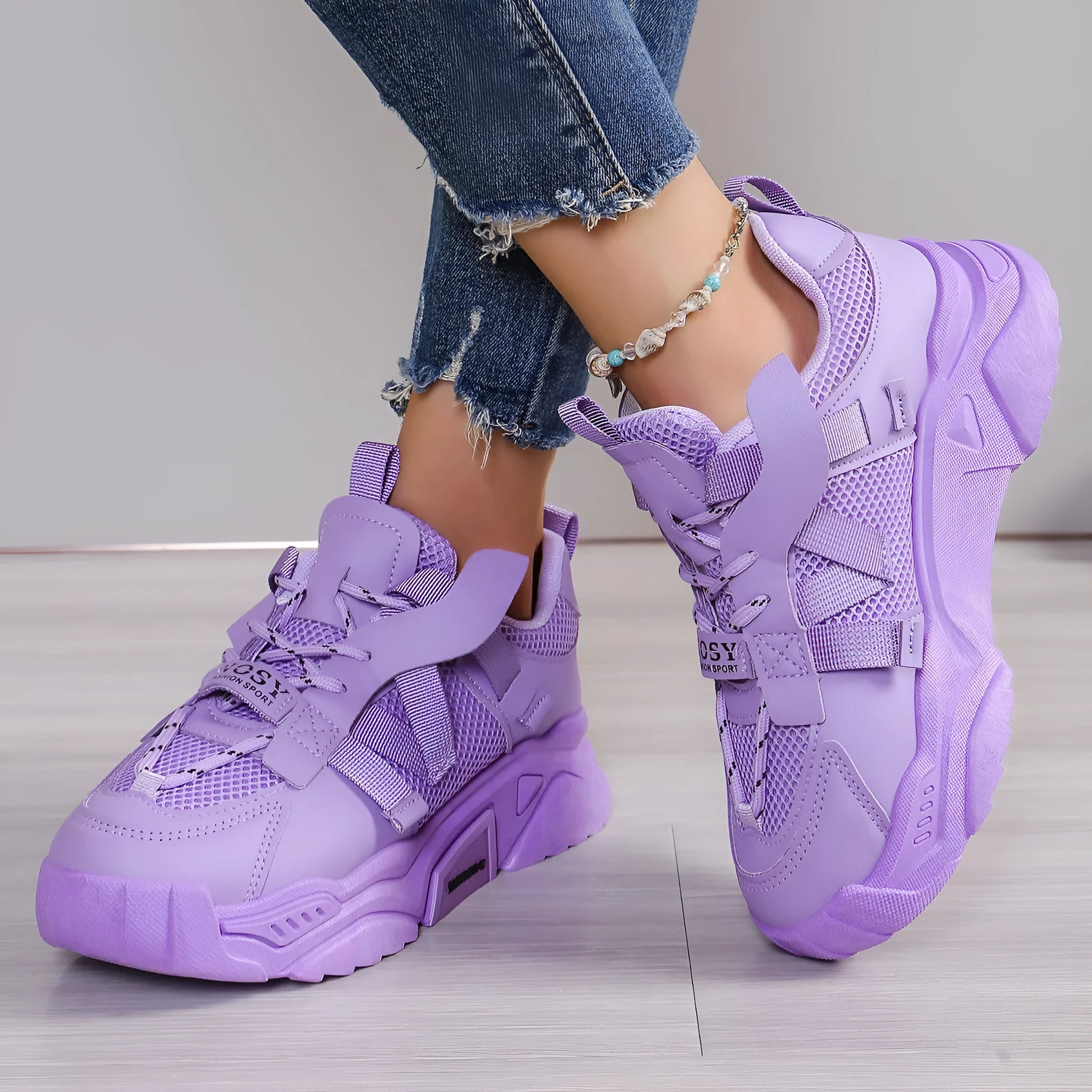Women's purple platform mesh dad shoes with breathable upper and front lace-up design