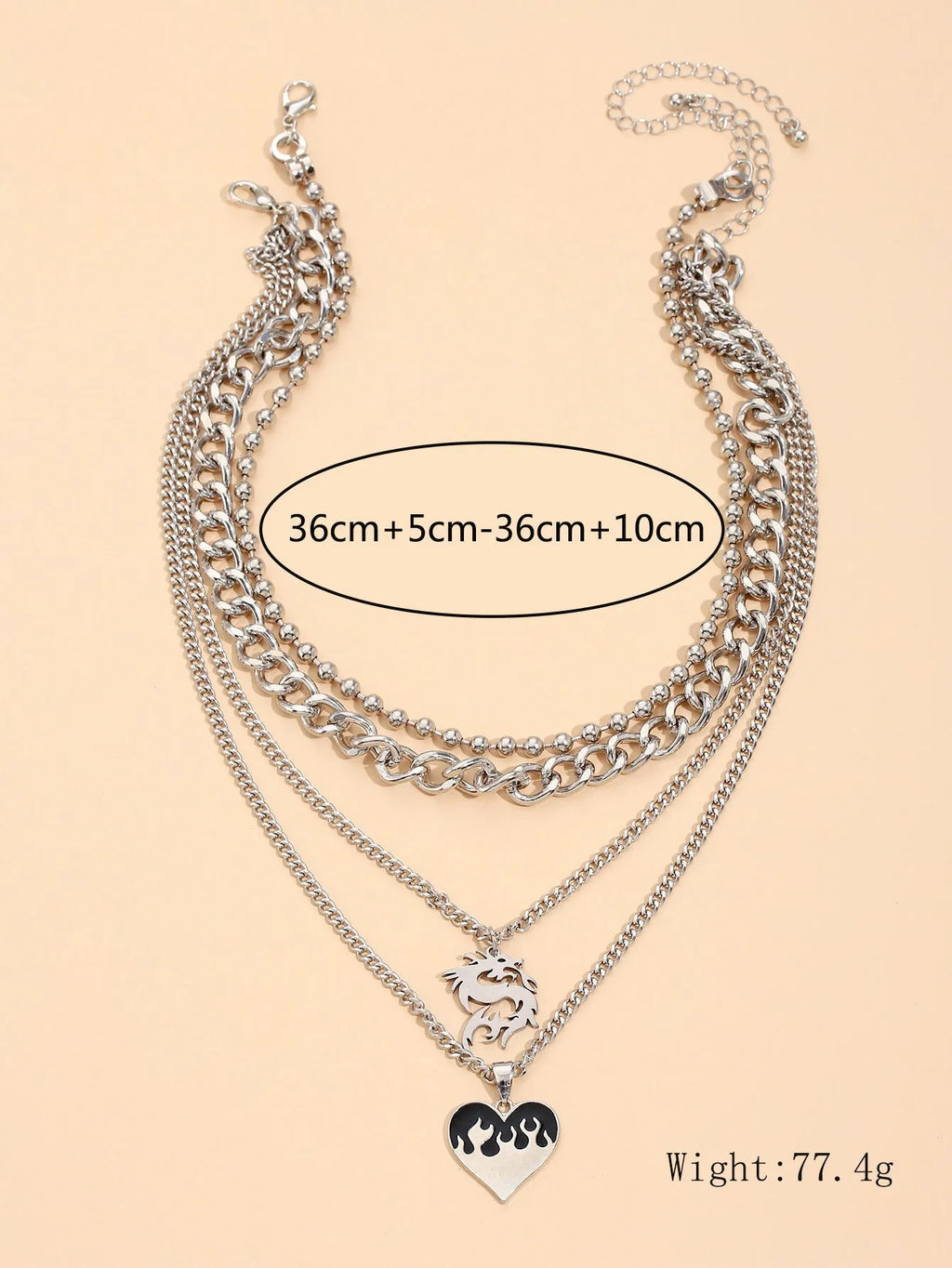 Women's alloy silver love dragon geometric pendant necklace on adjustable clavicle chain