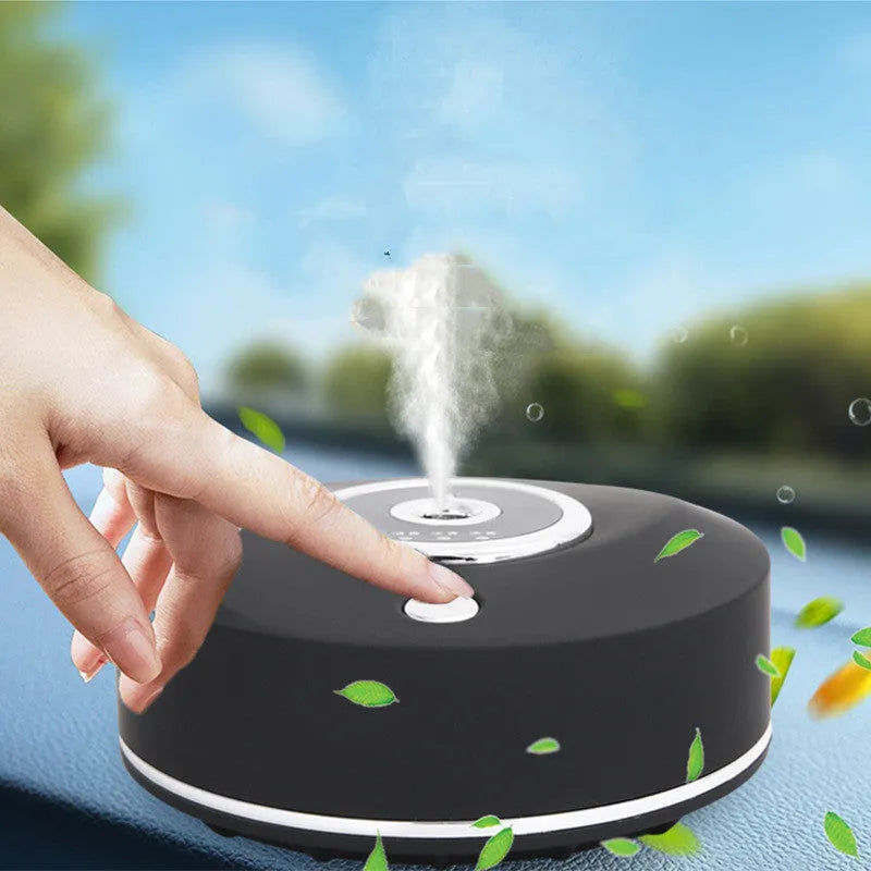 USB car diffuser with anti-slip pad in black plastic on vehicle dashboard