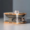 White transparent PVC cat tunnel with diamond pattern and integrated scratch board base