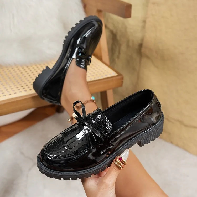 Brown women's loafers with bow detail and slip-on design for spring and autumn wear