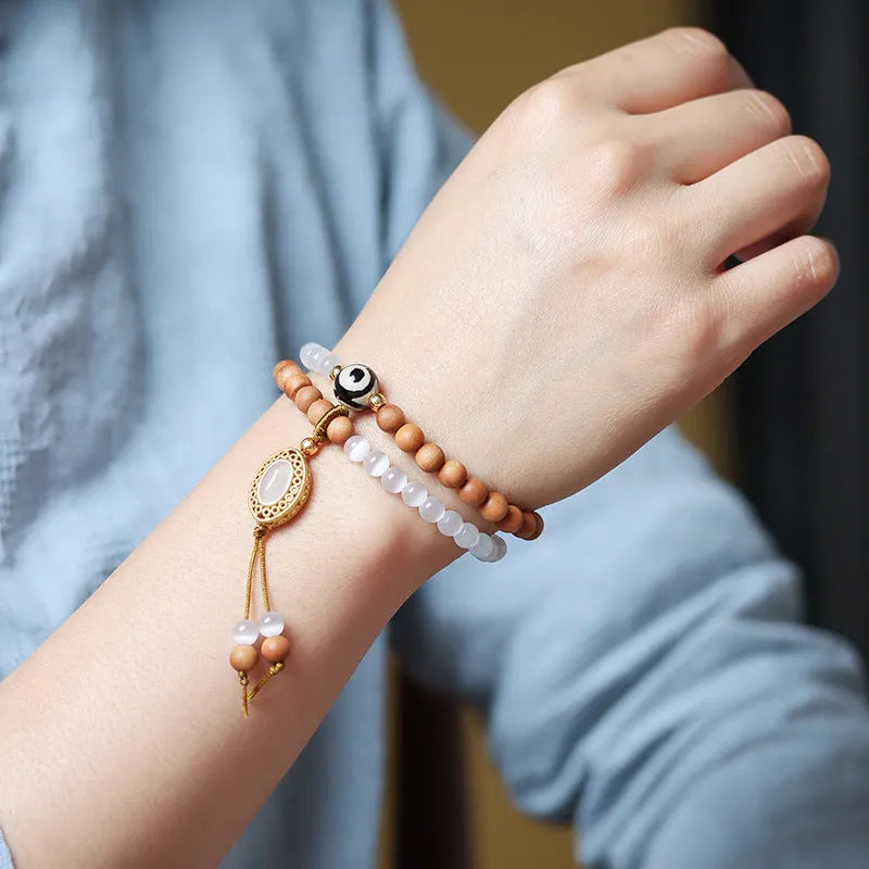 Sandalwood opal double ring bracelet with Tibetan beads in mixed material retro design