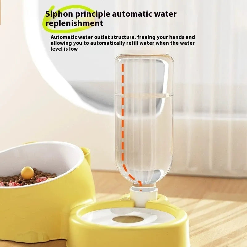 Double bowl automatic drinking pet feeder for cats with stainless steel ceramic reservoir and plastic base in assorted colours.