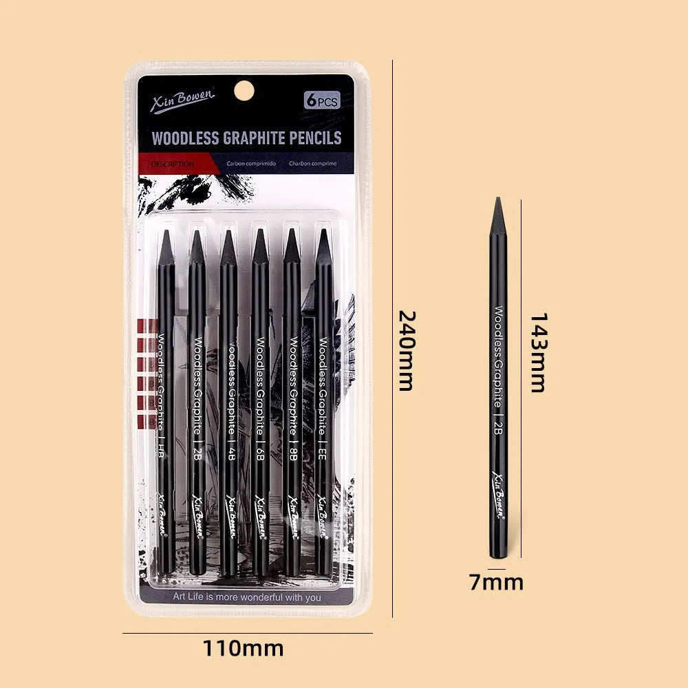 Set of six wood-free graphite sketching pencils in grades HB 2B 4B 6B 8B EE