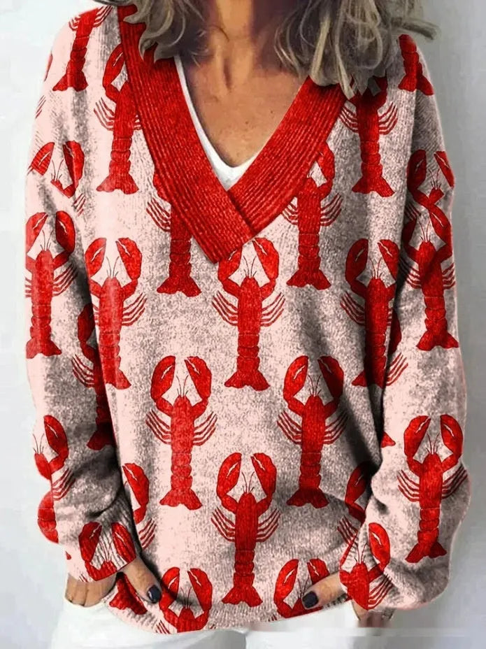 Women's grey 3D floral print sweatshirt with V-neck and long sleeves on a hanger