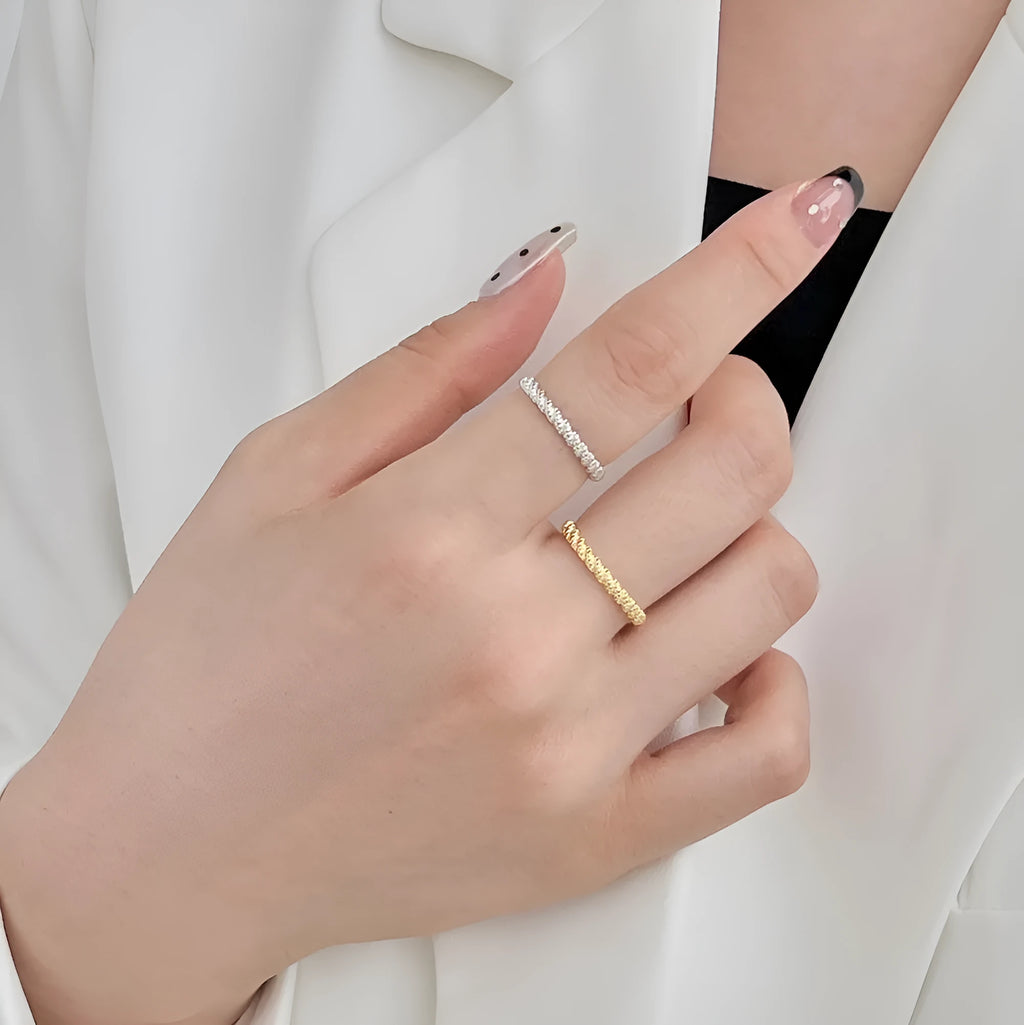 S925 sterling silver geometric twist ring with hexagon and octagon design, white gold colour, side view