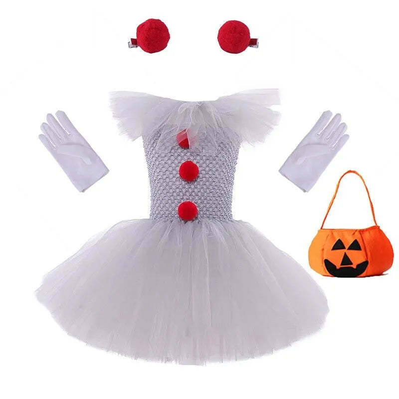 Children's mesh princess dress set with lace collar, hairpin, and gloves for Halloween costume, multiple sizes 90-160cm
