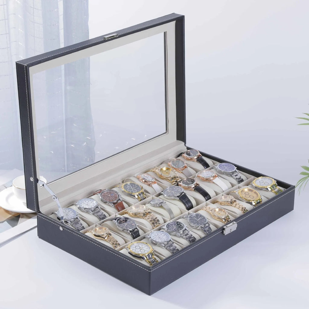Grey high-grade leather watch storage box with a clear see-through lid showing internal compartments.