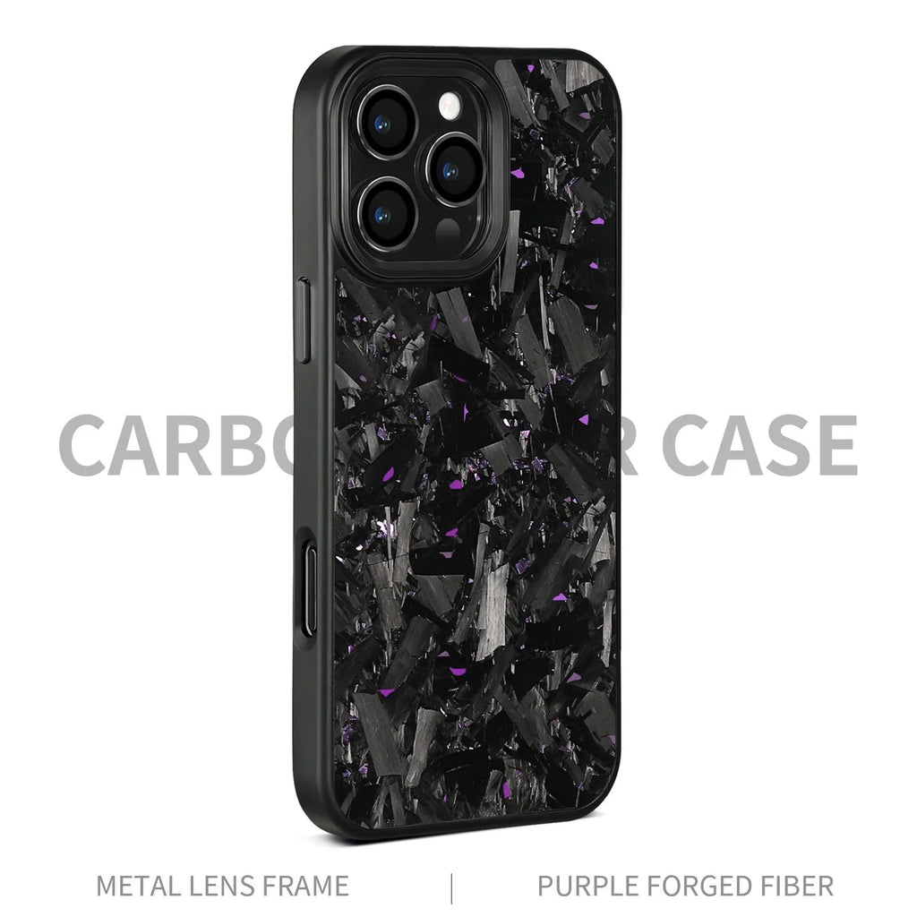Carbon fibre iPhone 17 phone case with metal frame and forged pattern detailing in black frame blue gold colour with magnetic option