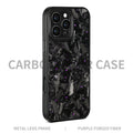 Carbon fibre iPhone 17 phone case with metal frame and forged pattern detailing in black frame blue gold colour with magnetic option