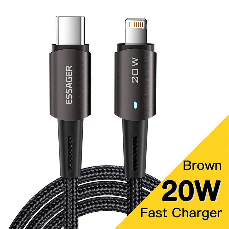 27W PD fast charging cable in black with aluminium alloy connector and LED indicator