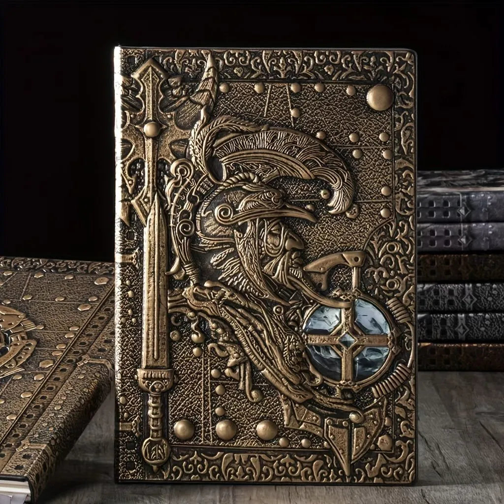 Handmade A5 leather notebook with 3D Warriors relief embossed design in metallic colours