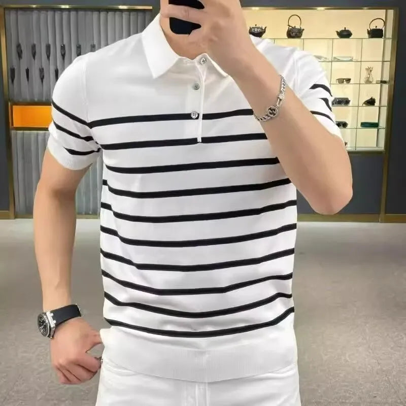 Striped lapel knitted T-shirt pullover in black or white colour with non-ironing fabric