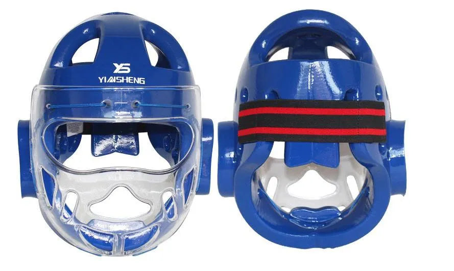Karate protective helmet in white, blue, or red colour available in S, M, L, XL sizes for martial arts training