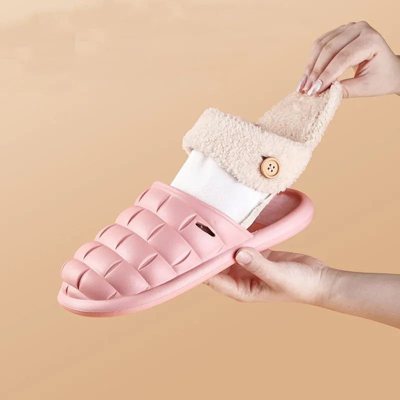 Pink detachable EVA slippers with plush lining and a flat, round-toe design for women.