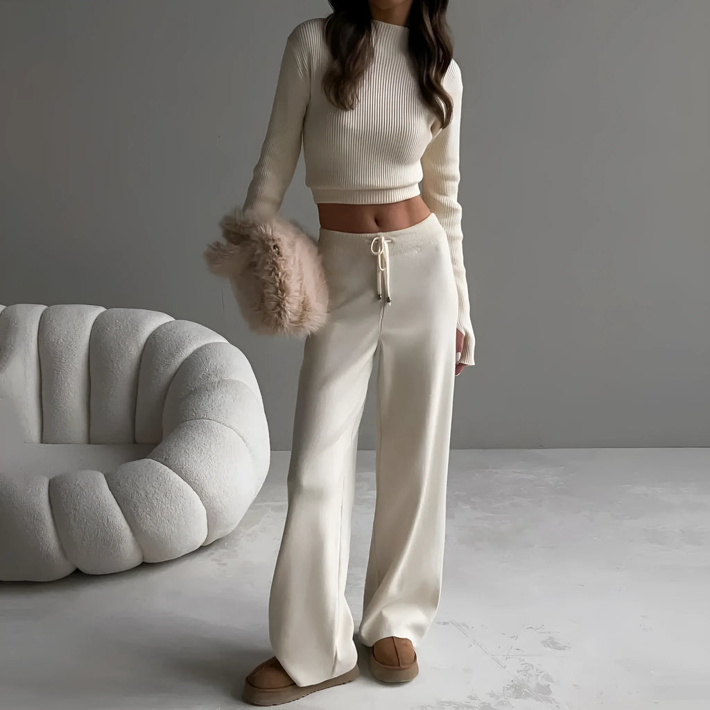 Women's cotton blend long-sleeve leisure suit set in apricot colour with matching trousers