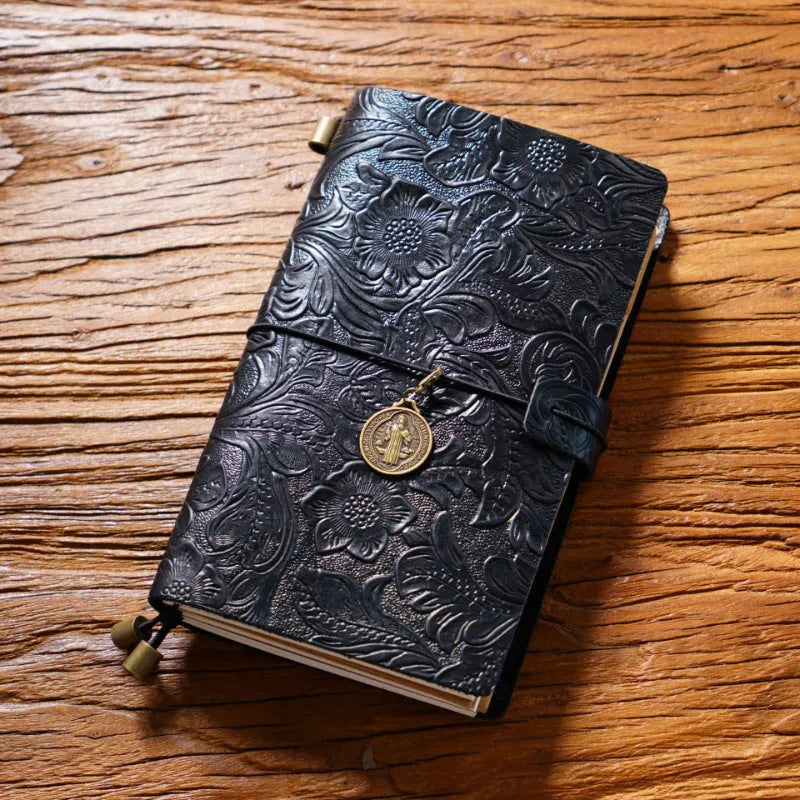 Creative vintage engraving cowhide travel notepad in black A5 size with genuine leather cover