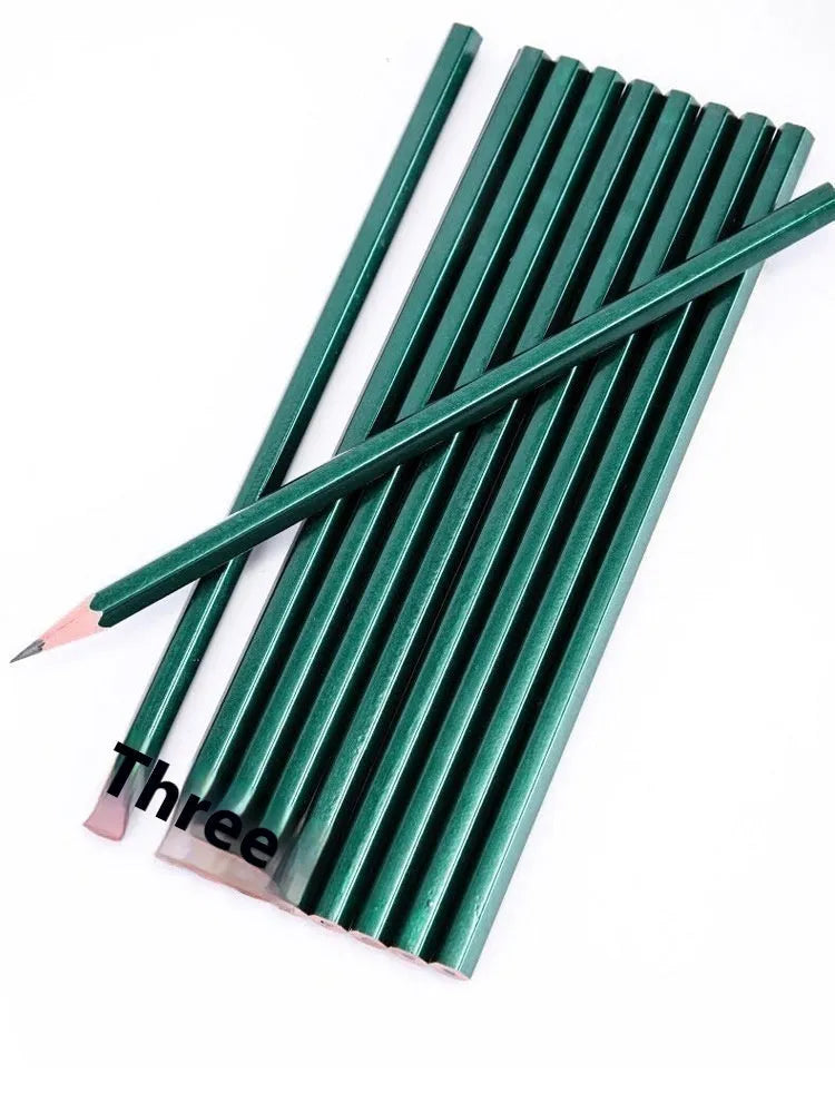 Green wooden pencil set with six-angle shape showing HB and 2B graphite grades