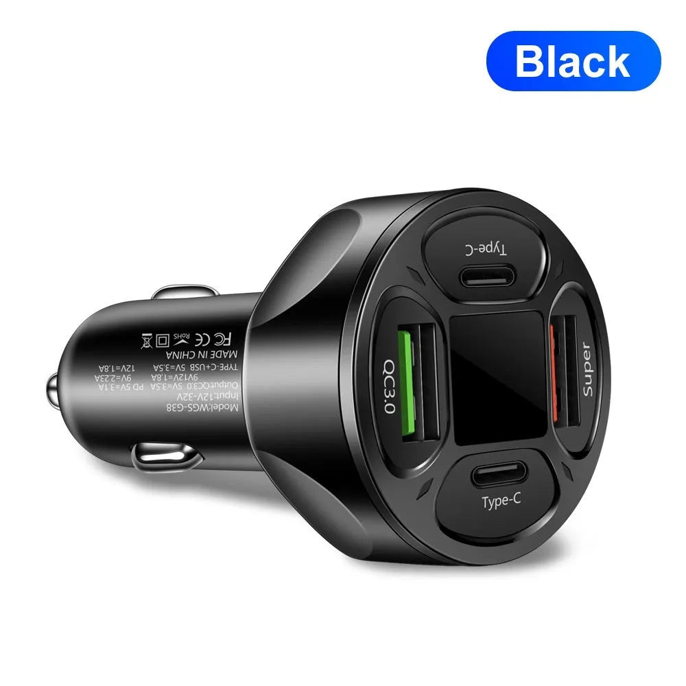 66W digital display car charger with four USB and Type-C ports for fast charging