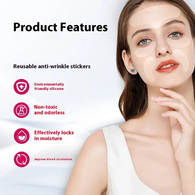 5 silicone anti-wrinkle facial stickers for forehead, eye areas and smile lines