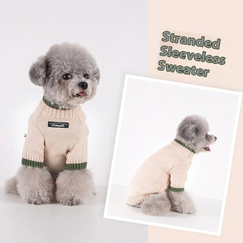 British style wool pet sweater with contrasting colours on two legs, shown in Crown Blue colour option