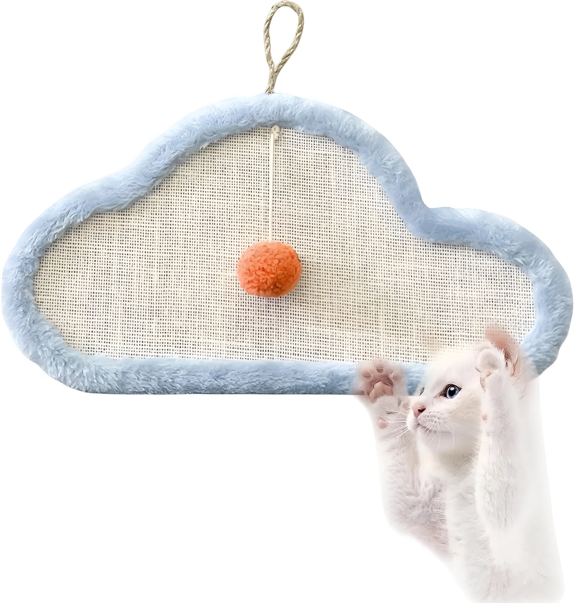Natural sisal cat scratching mat with sleeping cat design measuring 410x210mm