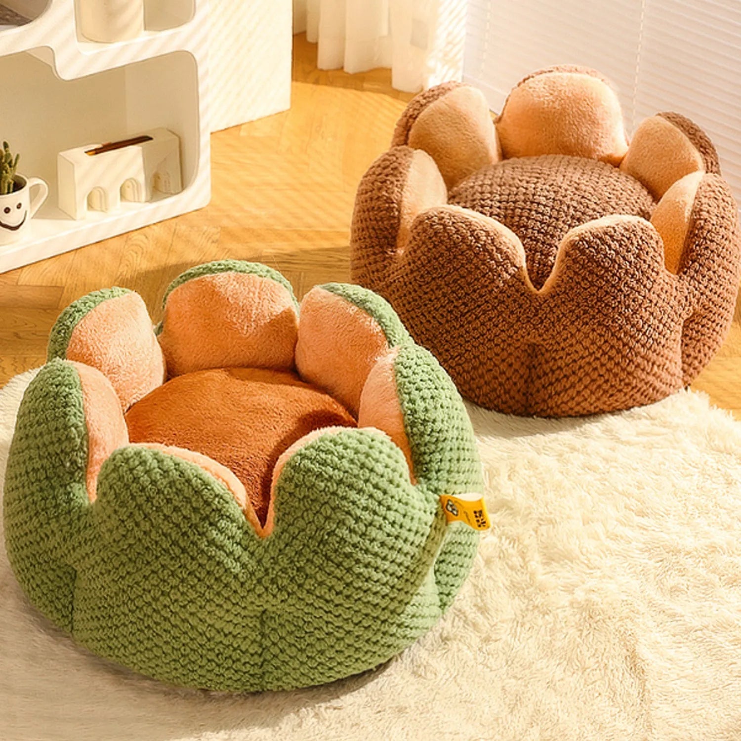 Green enclosed pet bed with cactus petal shaped opening and soft plush fabric