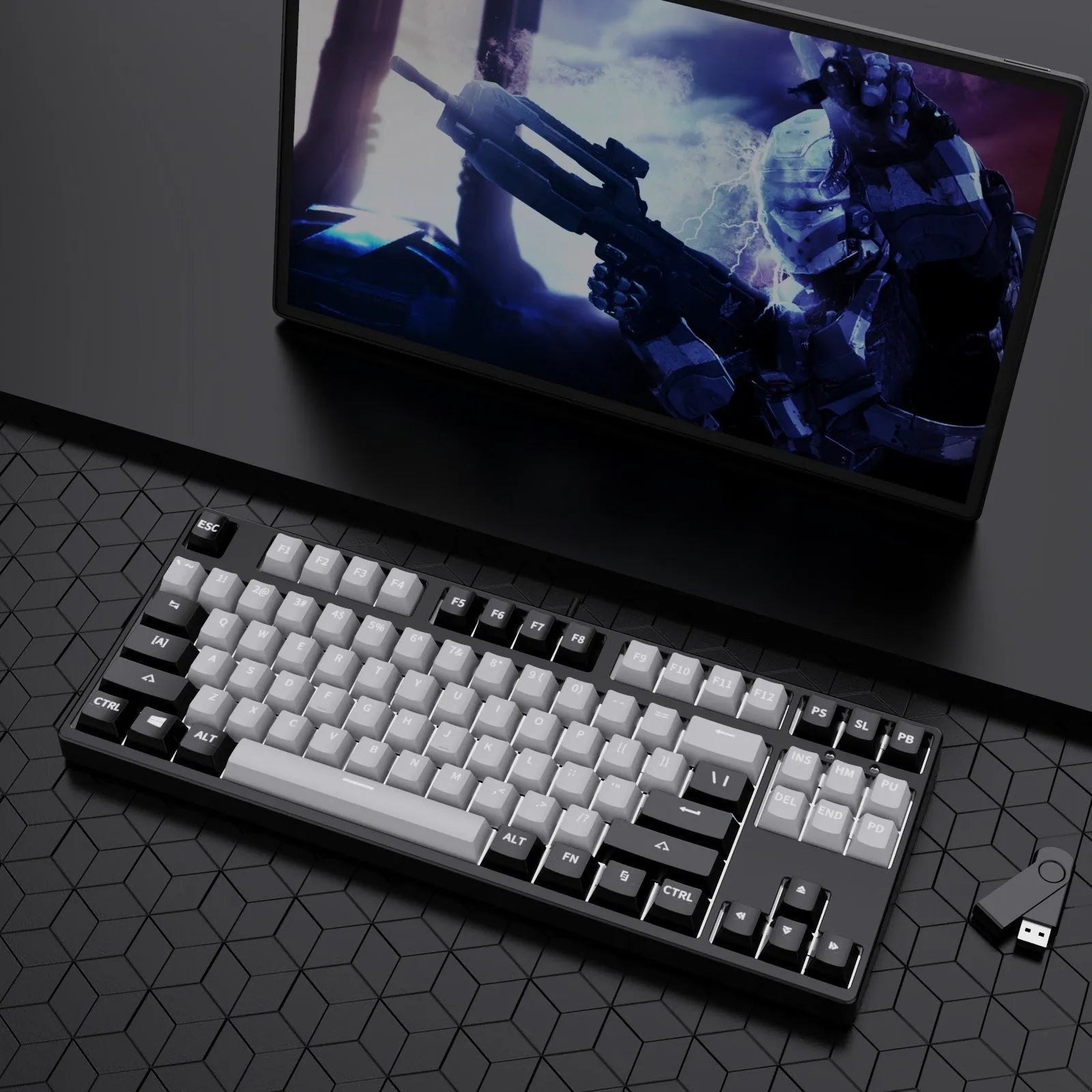 87-key tenkeyless mechanical keyboard in a dual-colour keycap design with metal frame