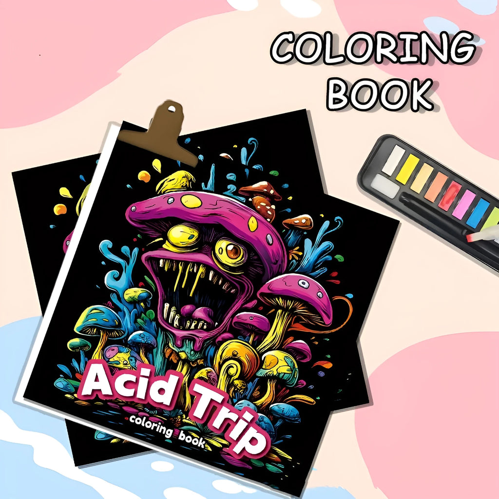Acid tour colour painting book showing its 200mm length, closed view.