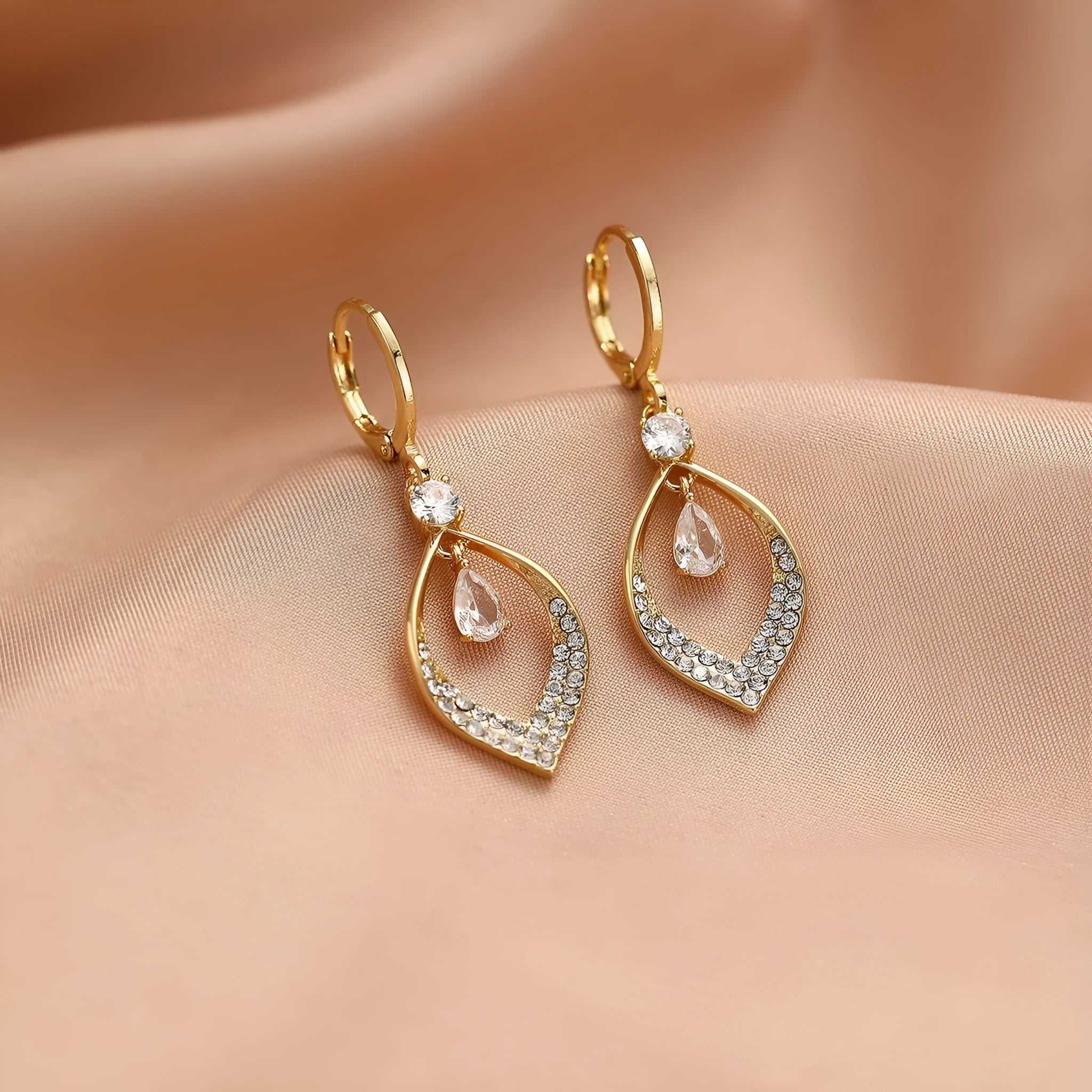 Copper zircon water drop tassel earrings with gold or silver electroplated ear buckles