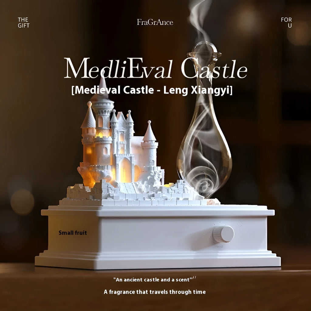 White medieval castle-shaped waterless aromatherapy machine with ambient light on a table.